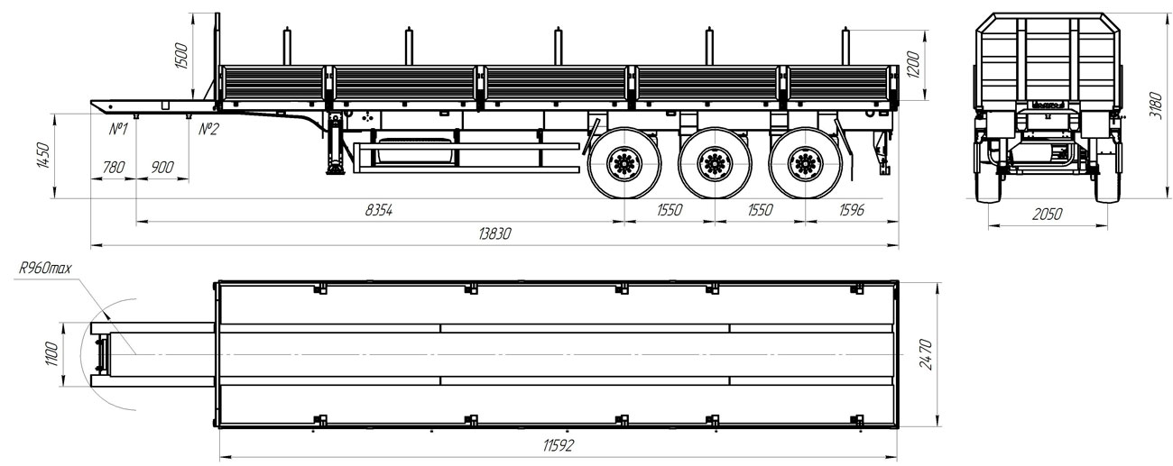 Габаритный чертеж для Автопоезд полуприцеп-штанговоз (34,5 т.) + седельный тягач Камаз 43118 с КМУ АНТ 12-2