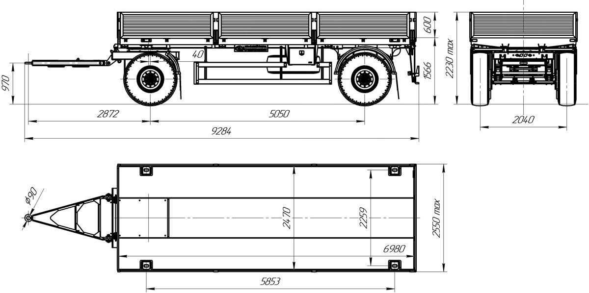 Габаритный чертеж для Прицеп-контейнеровоз УЗСТ 9275 ПБ2-002