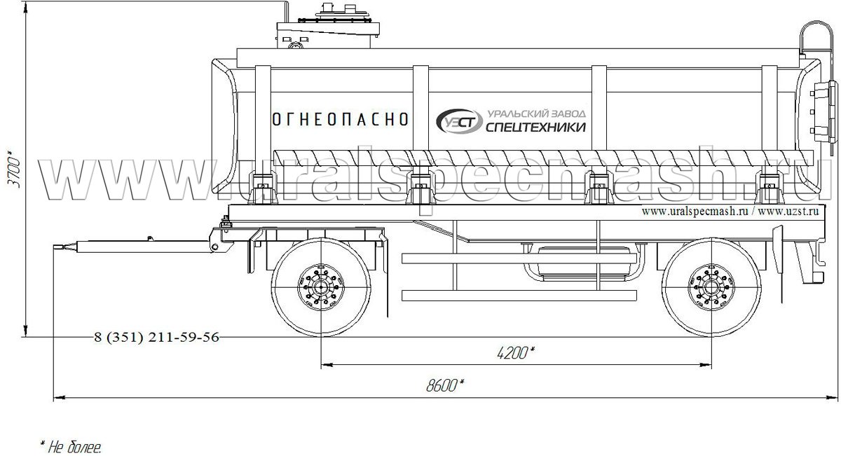 Габаритный чертеж для Прицеп-цистерна для нефти марки УЗСТ-ПЦН-19 (2 оси)