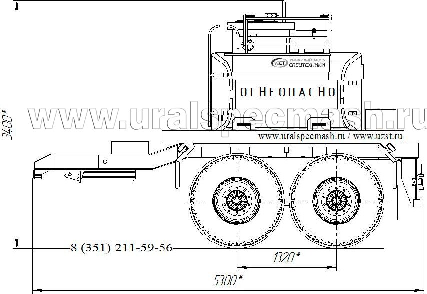 Габаритный чертеж для Прицеп-цистерна для нефти марки УЗСТ-ПЦН-4 (2 оси)