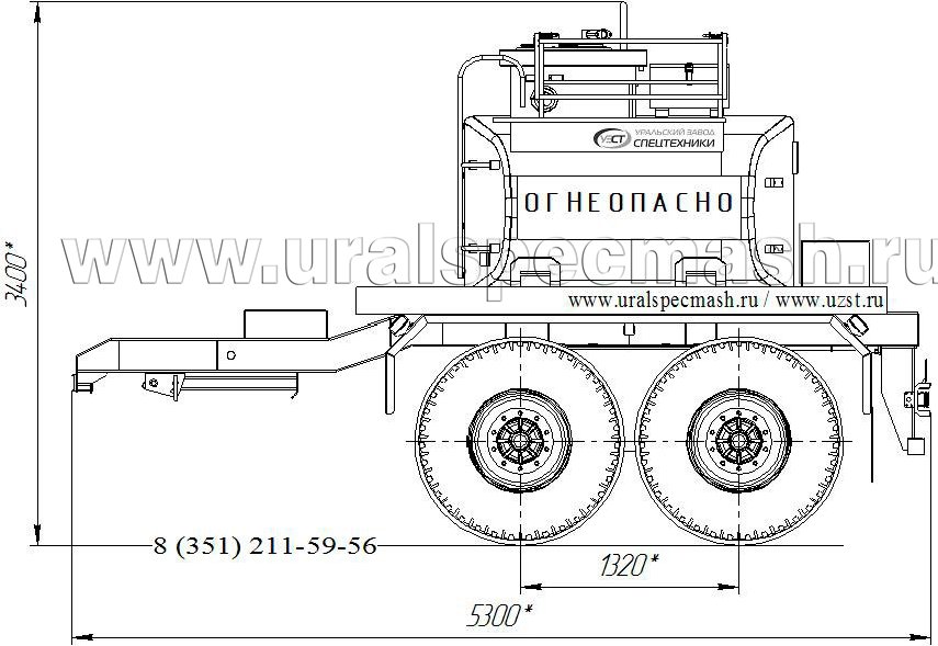 Габаритный чертеж для Прицеп-цистерна для нефти марки УЗСТ-ПЦН-5 (2 оси)