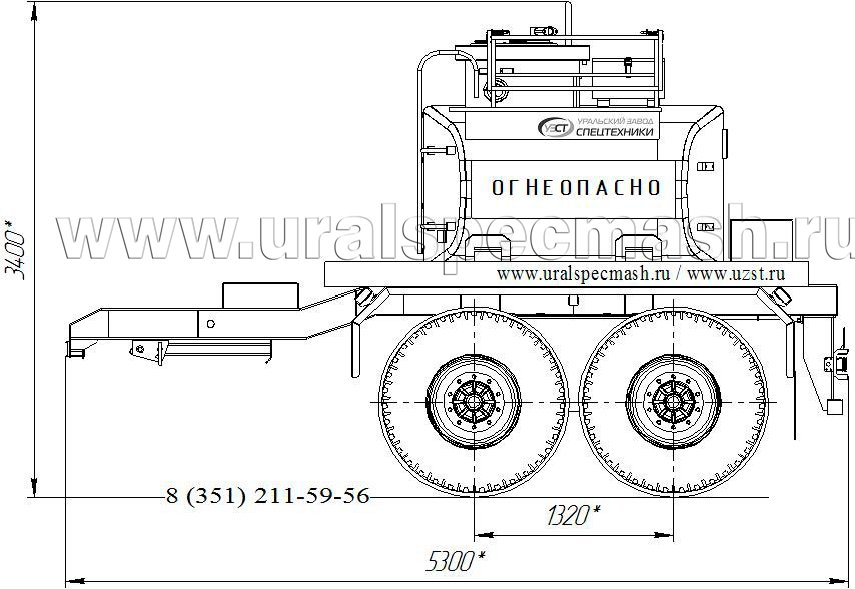 Габаритный чертеж для Прицеп-цистерна для нефти марки УЗСТ-ПЦН-6 (2 оси)