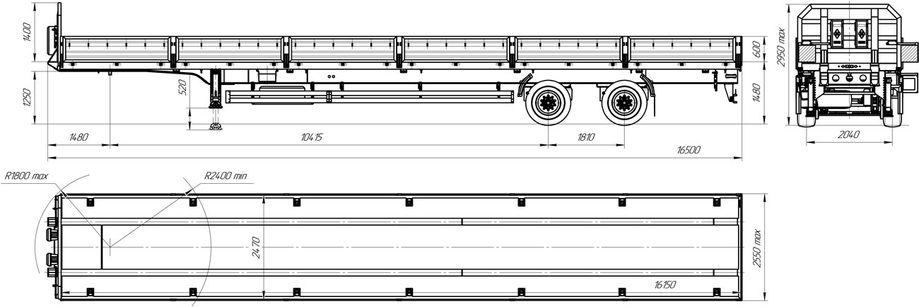 Габаритный чертеж для Бортовой полуприцеп ППБ-9180-014Б2 (27,8 т.)