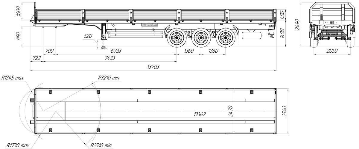 Габаритный чертеж для Бортовой полуприцеп ППБ-9178-024-10Б3 (35,5 т.)