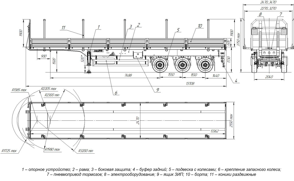Габаритный чертеж для Бортовой полуприцеп ППБ-9178-032Б3-130 (35,5 т.)
