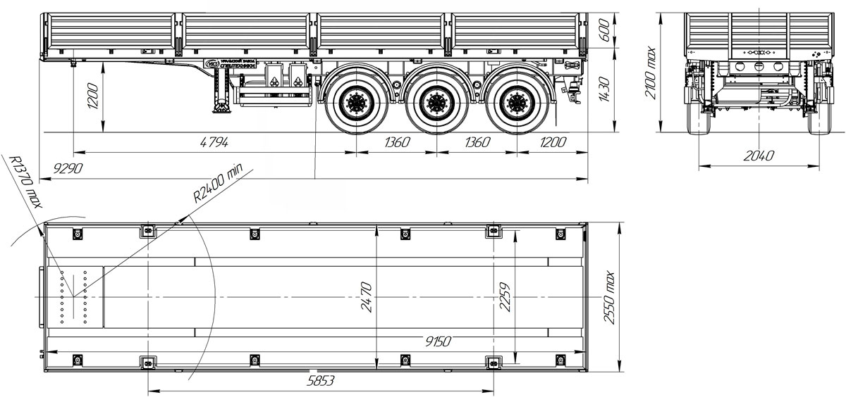 Габаритный чертеж для Полуприцеп-контейнеровоз ППБ-9178-034Б3 (20,5 т.)