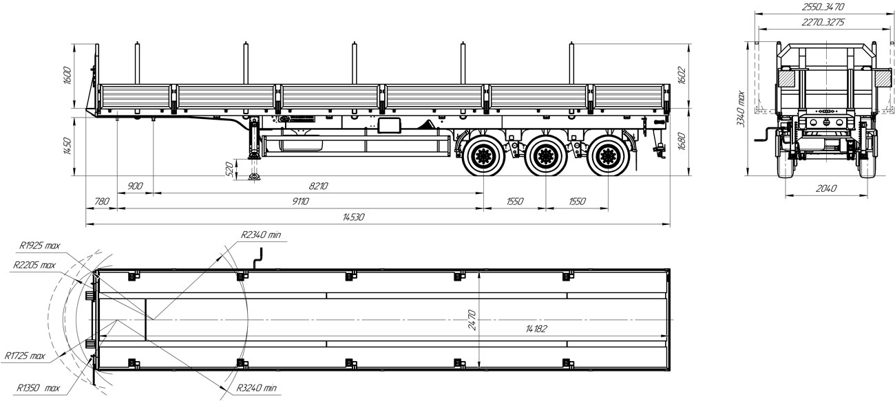 Габаритный чертеж для Бортовой полуприцеп ППБ-9178-14Б3 (32 т.)