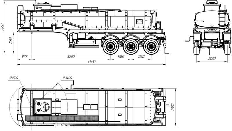 Габаритный чертеж для Полуприцеп-цистерна ППЦ-24 (001) для ГСМ (3-осный, переменное сечение)