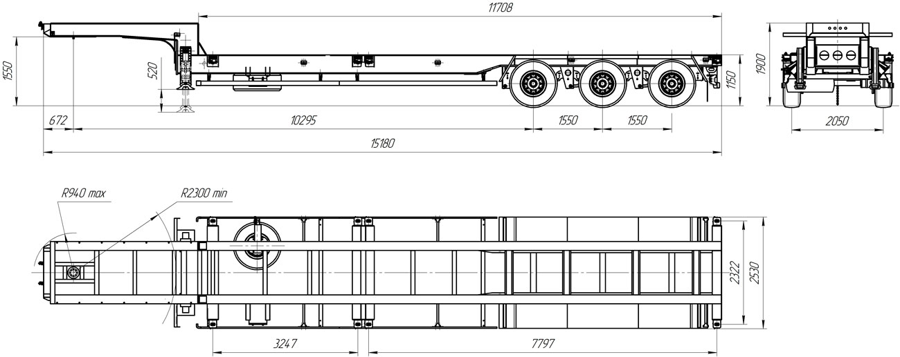 Габаритный чертеж для Полуприцеп-контейнеровоз 9177-002В3 (36 т.)