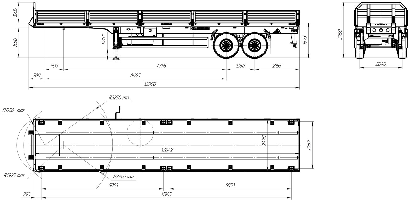 Габаритный чертеж для Полуприцеп-контейнеровоз 9180-016Б2 (22 т.)