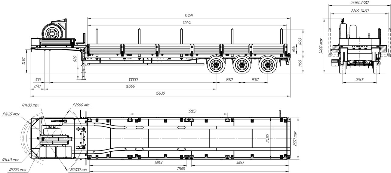 Габаритный чертеж для Полуприцеп-контейнеровоз 9178-019В3 (36 т.)