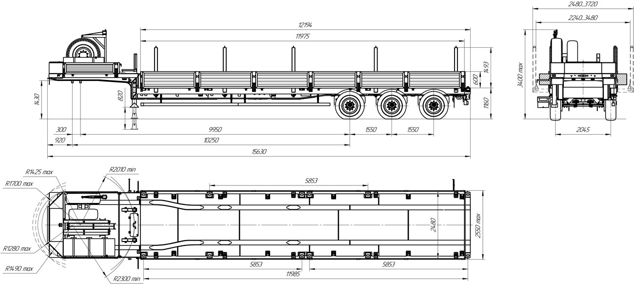 Габаритный чертеж для Полуприцеп-контейнеровоз 9178-020В3 (36 т.)