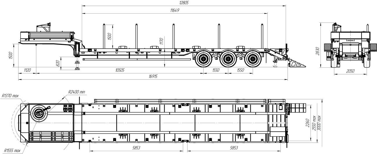 Габаритный чертеж для Полуприцеп-контейнеровоз 9177-12В3 (36 т.)