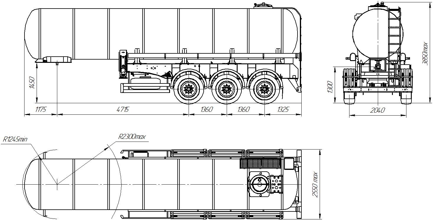 Габаритный чертеж для Полуприцеп-цистерна ППЦТ-18 (002) для техводы (3-осный, прямое сечение)