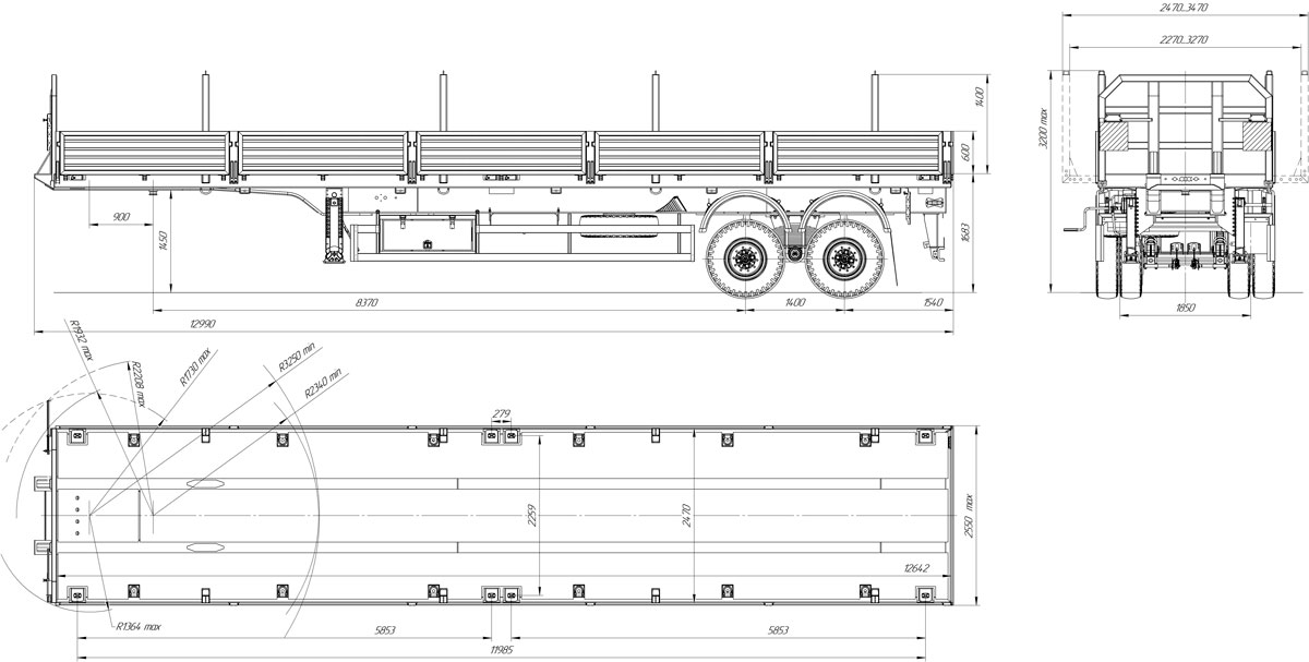 Габаритный чертеж для Полуприцеп-контейнеровоз 9180А-032Б2 (40 т.)