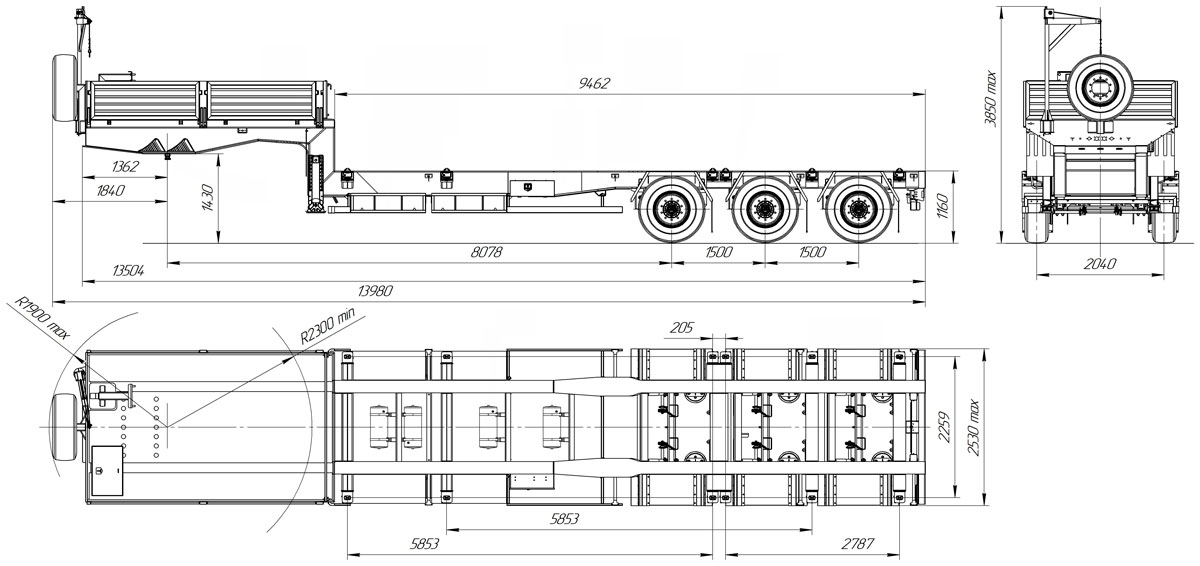 Габаритный чертеж для Полуприцеп-контейнеровоз 9177-043В3-10 (30 т.)
