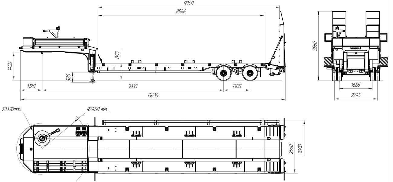 Габаритный чертеж для Полуприцеп тяжеловоз низкорамный ППТ-9179-01Н2 (24 т.)