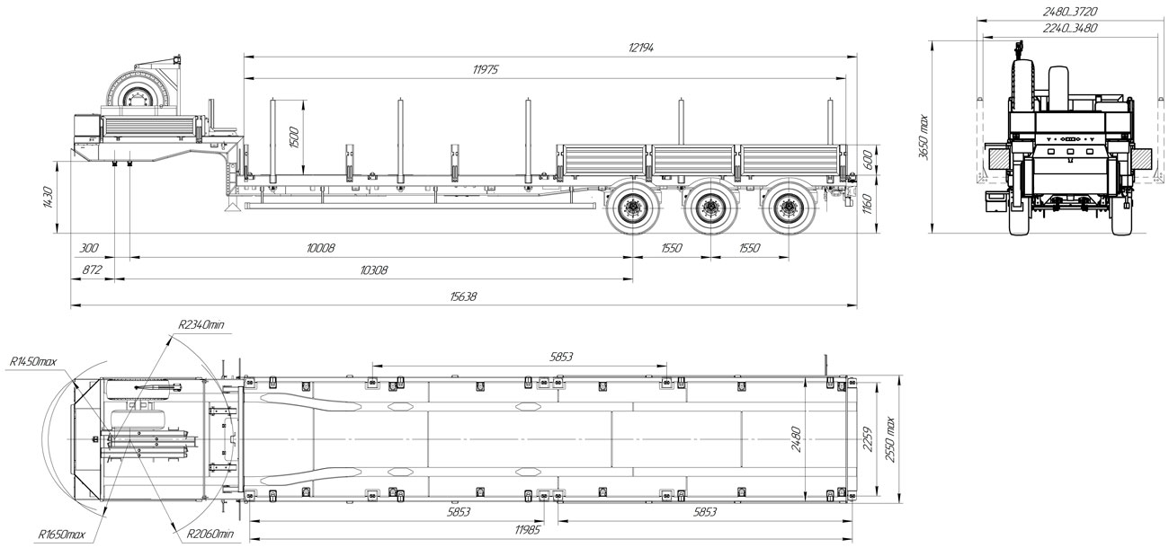 Габаритный чертеж для Полуприцеп-контейнеровоз 9178-026-10В3 (36 т.)