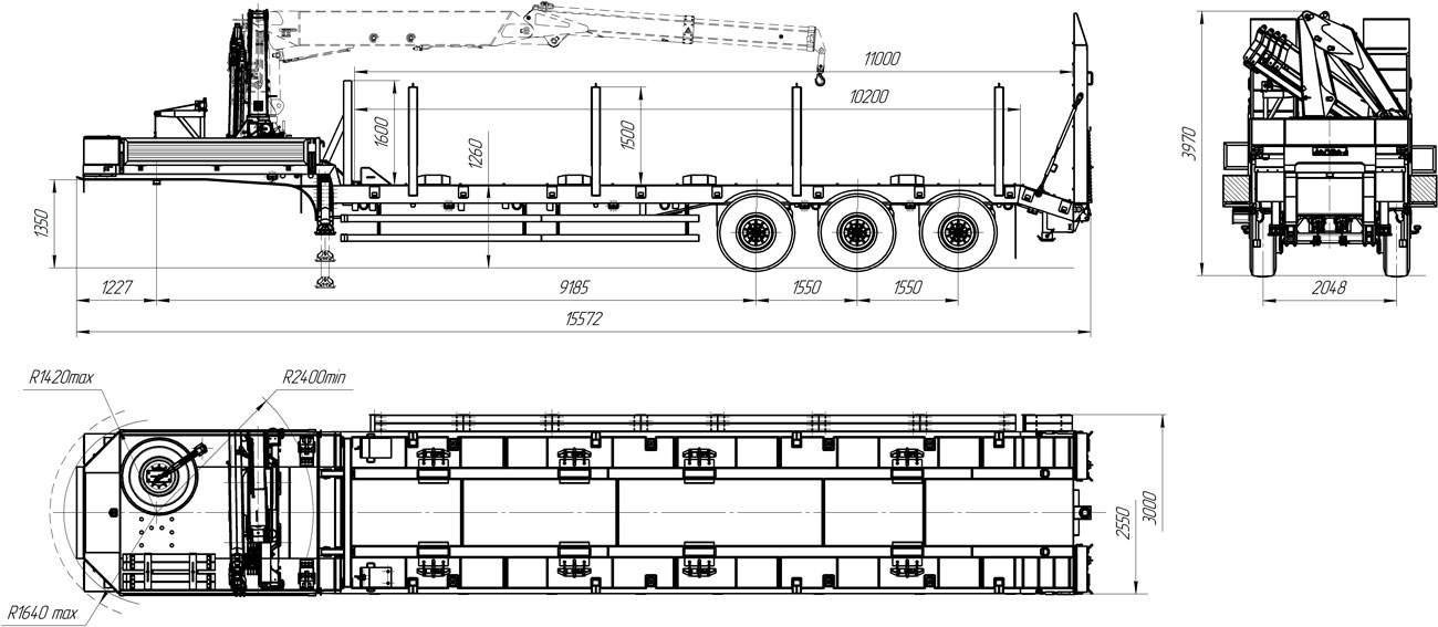 Габаритный чертеж для Полуприцеп тяжеловоз высокорамный ППТ-9177-201В3 (47 т.) с КМУ