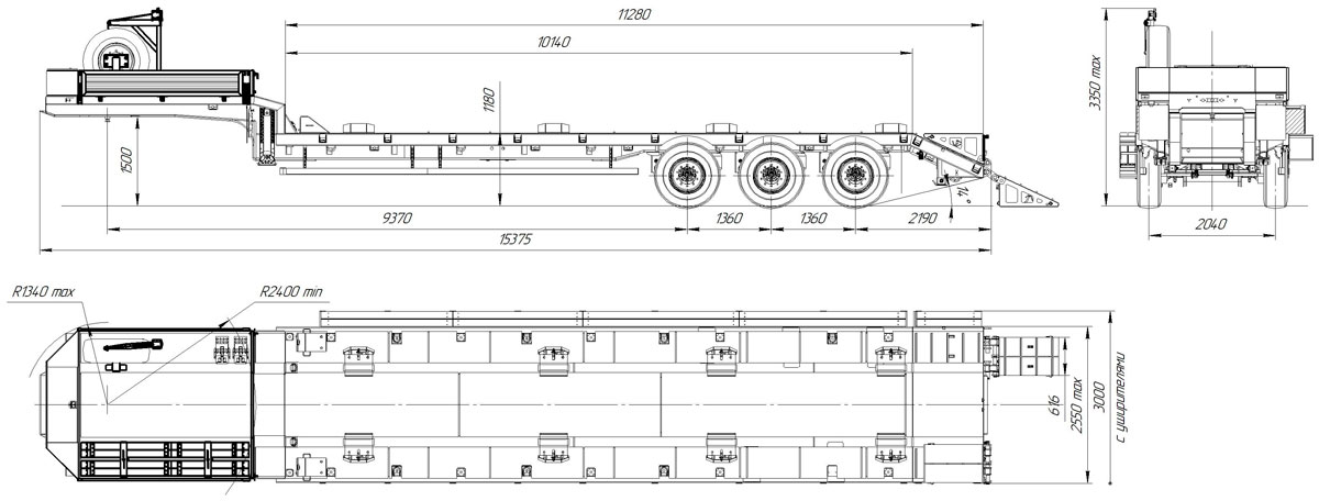 Габаритный чертеж для Полуприцеп тяжеловоз среднерамный ППТ-9177-052В3-20 (36 т.)